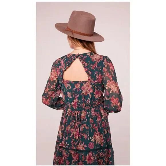 Band of the Free BOG Dress Small Run the World Pine Berry Boho Floral Flowy Midi - Picture 6 of 16